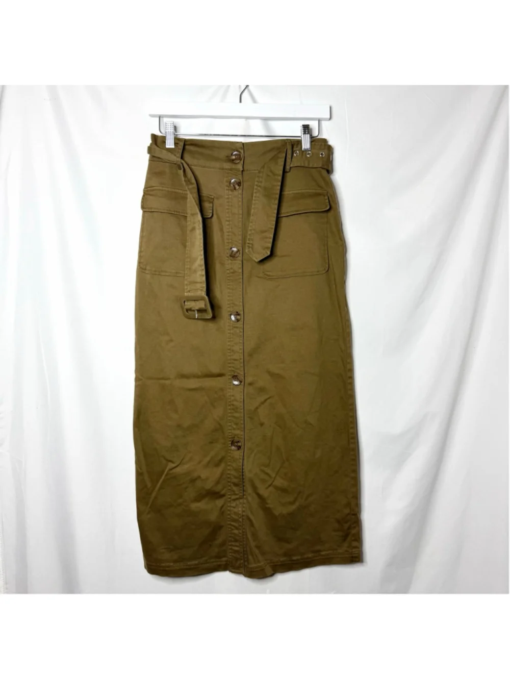 Women's Solid & Striped Midi Skirt Size S Olive Button Front Belted